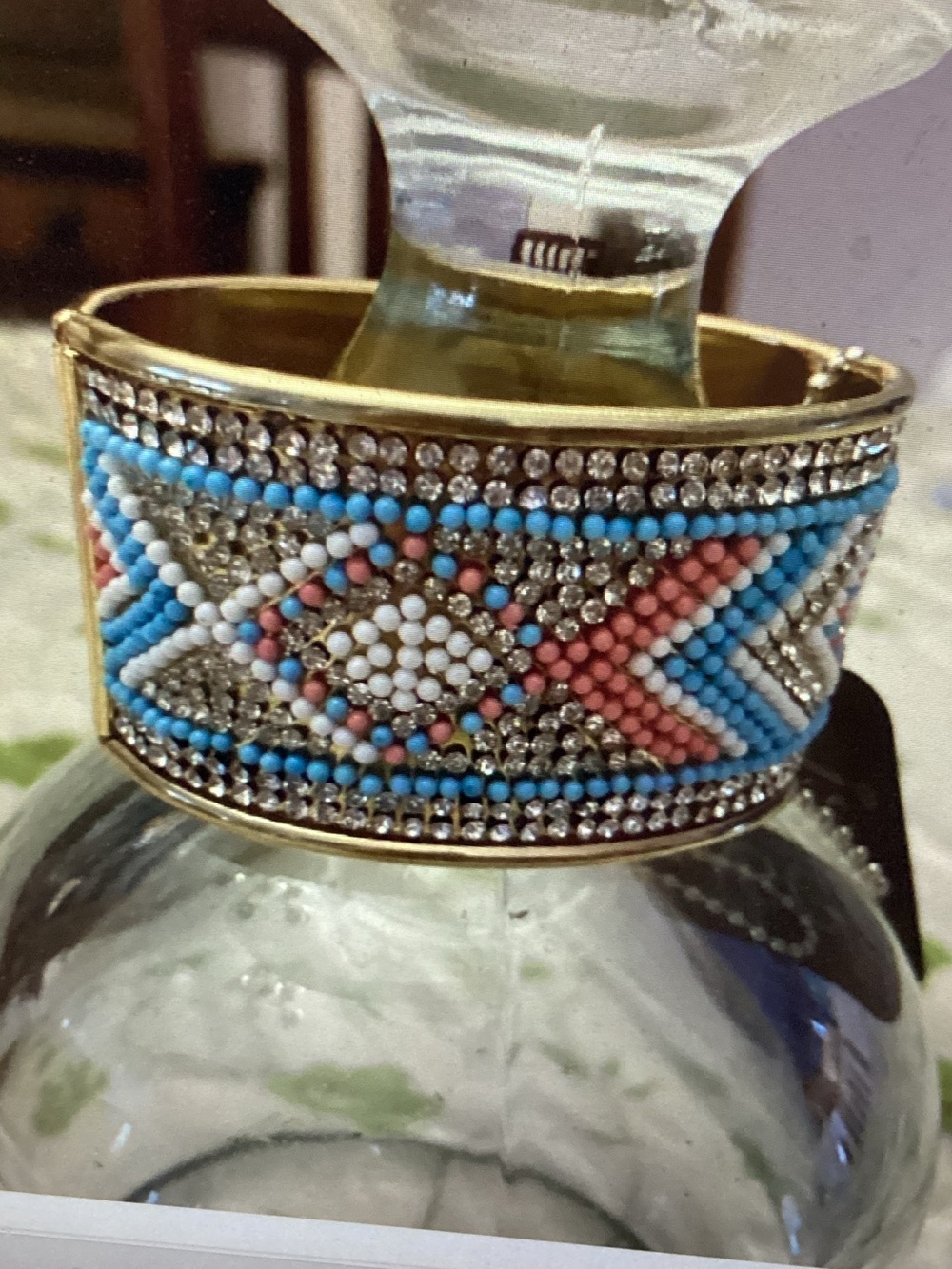 Beaded and crystal Aztec-Pattern Cuff Bracelet in Blue, Pink & White